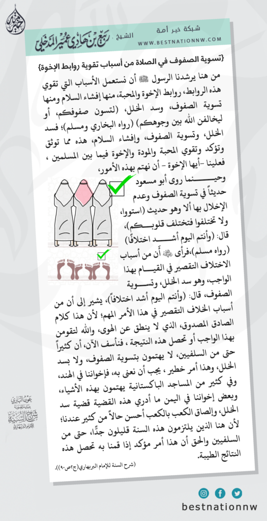 تسوية الصفوف في الصلاة من أسباب تقوية روابط الإخوة